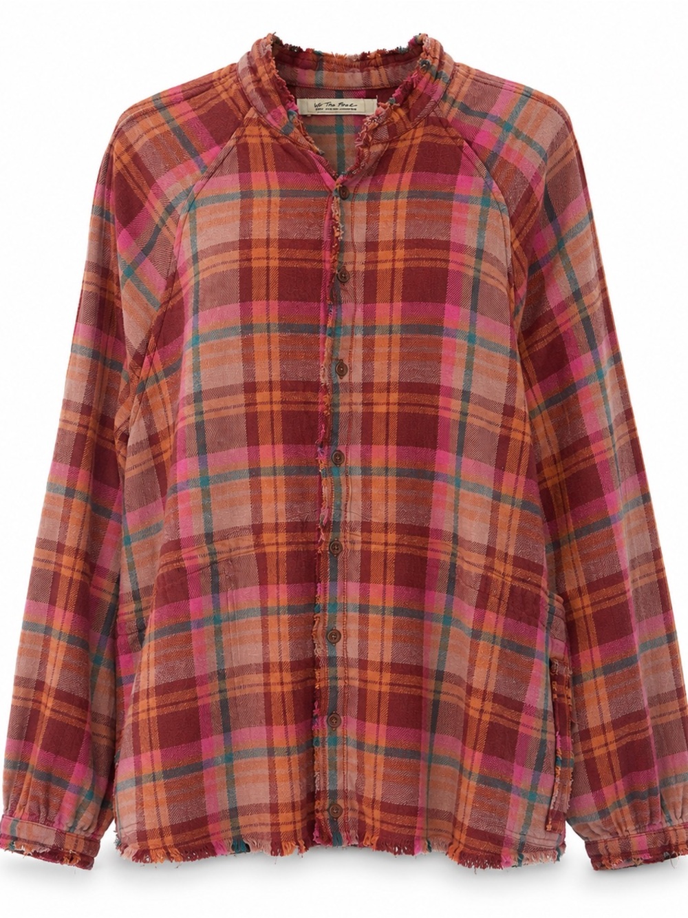 We The Free Plaid Distressed Button-Up Shirt Women’s Large Boho Oversized